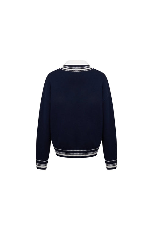 Navy Blue Faux Two - piece Patchwork Shirt Sweater - ANN ANDELMAN