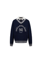 Navy Blue Faux Two - piece Patchwork Shirt Sweater - ANN ANDELMAN