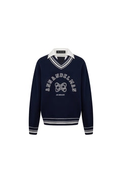 Navy Blue Faux Two - piece Patchwork Shirt Sweater - ANN ANDELMAN