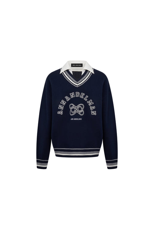 Navy Blue Faux Two - piece Patchwork Shirt Sweater - ANN ANDELMAN