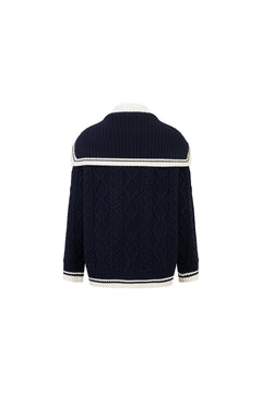 Navy Blue Faux Two - piece Sailor Collar Cable Knit Sweater - ANN ANDELMAN