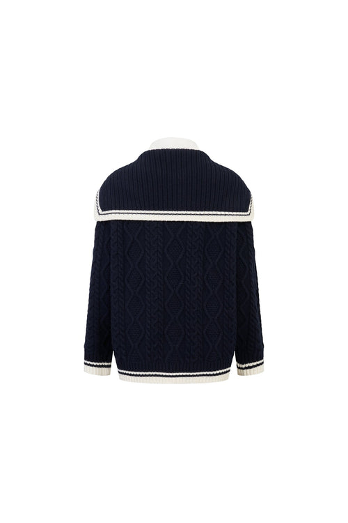 Navy Blue Faux Two - piece Sailor Collar Cable Knit Sweater - ANN ANDELMAN