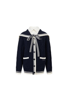 Navy Blue Faux Two - piece Sailor Collar Cable Knit Sweater - ANN ANDELMAN