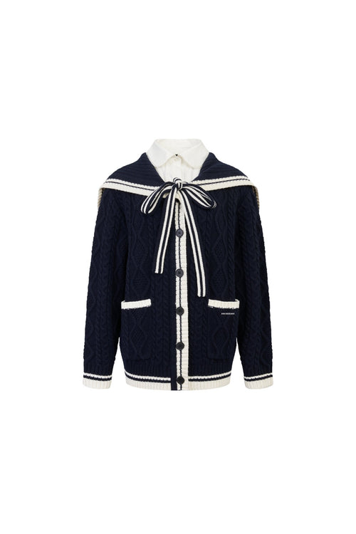 Navy Blue Faux Two - piece Sailor Collar Cable Knit Sweater - ANN ANDELMAN