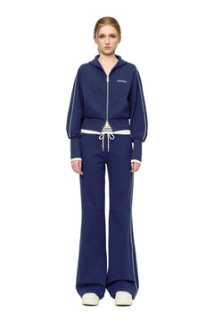 Navy Blue High - waisted Ribbed Flared Sweatpants - ANN ANDELMAN