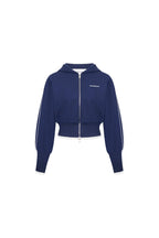 Navy Blue High - waisted Ribbed Hooded Zip - up Hoodie - ANN ANDELMAN