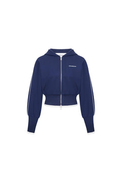 Navy Blue High - waisted Ribbed Hooded Zip - up Hoodie - ANN ANDELMAN