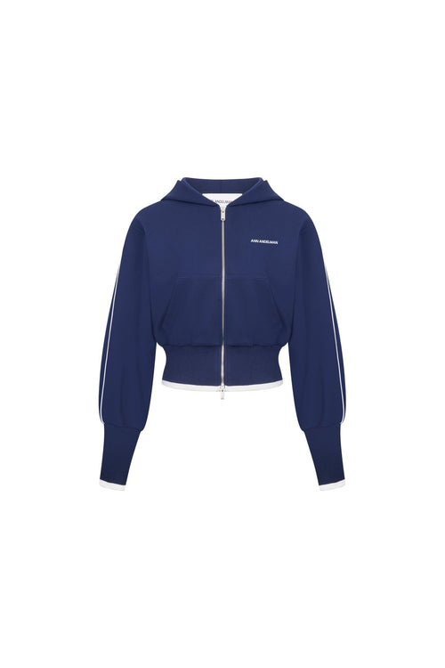 Navy Blue High - waisted Ribbed Hooded Zip - up Hoodie - ANN ANDELMAN