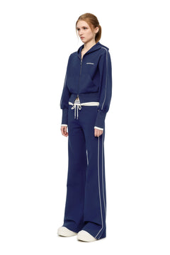 Navy Blue High - waisted Ribbed Hooded Zip - up Hoodie - ANN ANDELMAN