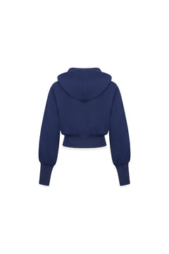 Navy Blue High - waisted Ribbed Hooded Zip - up Hoodie - ANN ANDELMAN