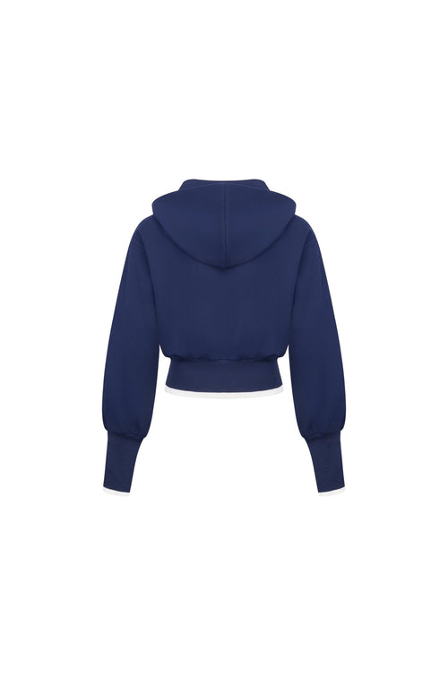 Navy Blue High - waisted Ribbed Hooded Zip - up Hoodie - ANN ANDELMAN