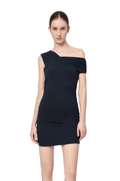 Navy Blue One-shoulder Ribbed Dress - ANN ANDELMAN