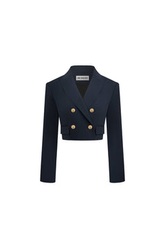 Navy Blue Padded - shoulder Double - breasted Blazer - ANN ANDELMAN