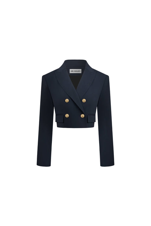 Navy Blue Padded - shoulder Double - breasted Blazer - ANN ANDELMAN