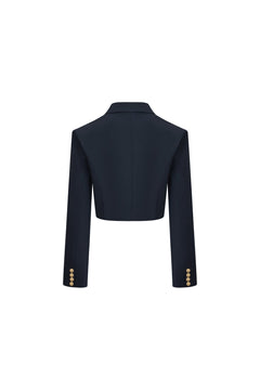 Navy Blue Padded - shoulder Double - breasted Blazer - ANN ANDELMAN