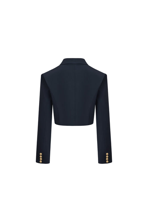 Navy Blue Padded - shoulder Double - breasted Blazer - ANN ANDELMAN