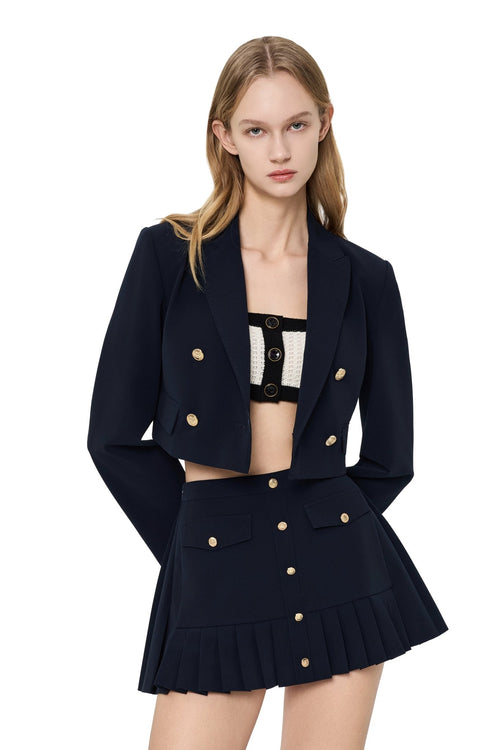 Navy Blue Padded - shoulder Double - breasted Blazer - ANN ANDELMAN