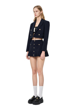 Navy Blue Padded - shoulder Double - breasted Blazer - ANN ANDELMAN