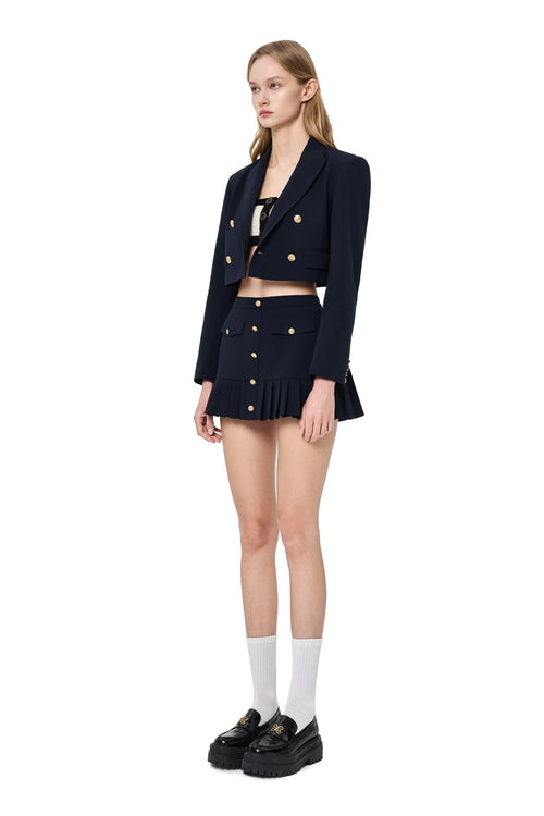 Navy Blue Padded - shoulder Double - breasted Blazer - ANN ANDELMAN