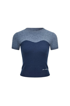 Navy Blue Patchwork Knit Short - sleeved Top - ANN ANDELMAN