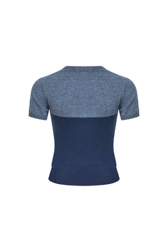 Navy Blue Patchwork Knit Short - sleeved Top - ANN ANDELMAN