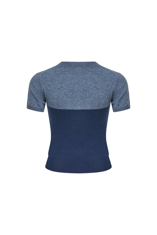 Navy Blue Patchwork Knit Short - sleeved Top - ANN ANDELMAN