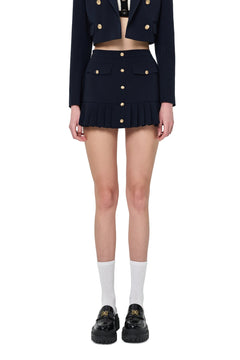 Navy Blue Pleated Skirt with Metal Buckle - ANN ANDELMAN