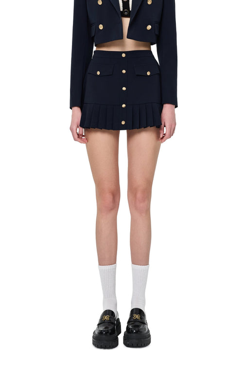 Navy Blue Pleated Skirt with Metal Buckle - ANN ANDELMAN