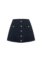 Navy Blue Pleated Skirt with Metal Buckle - ANN ANDELMAN