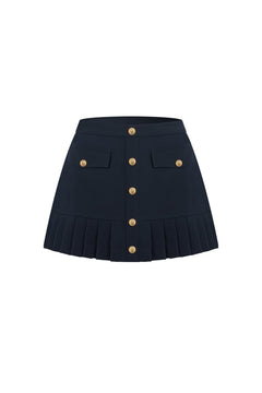 Navy Blue Pleated Skirt with Metal Buckle - ANN ANDELMAN