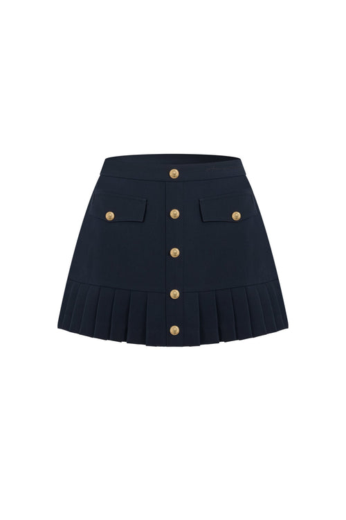 Navy Blue Pleated Skirt with Metal Buckle - ANN ANDELMAN