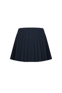 Navy Blue Pleated Skirt with Metal Buckle - ANN ANDELMAN