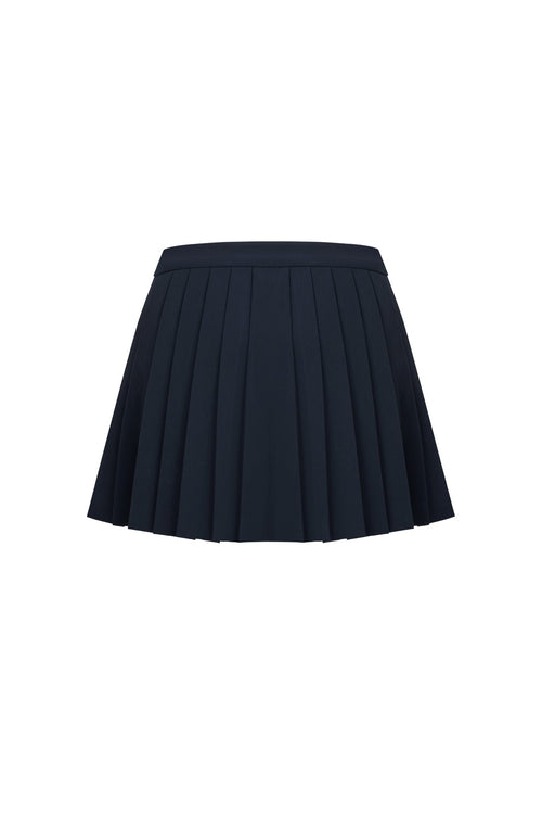 Navy Blue Pleated Skirt with Metal Buckle - ANN ANDELMAN