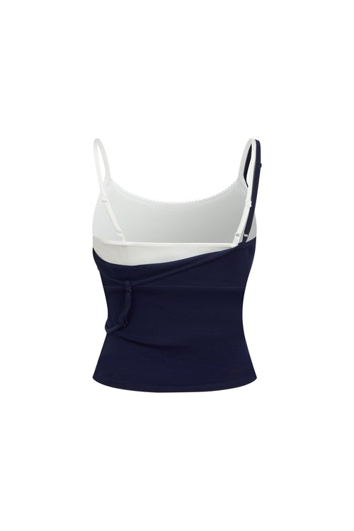 Navy Blue Satin Knit Faux Two - piece Camisole - ANN ANDELMAN