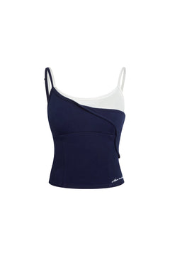 Navy Blue Satin Knit Faux Two - piece Camisole - ANN ANDELMAN
