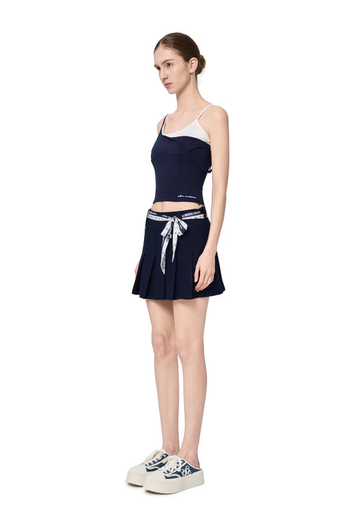 Navy Blue Satin Knit Faux Two-piece Camisole - ANN ANDELMAN