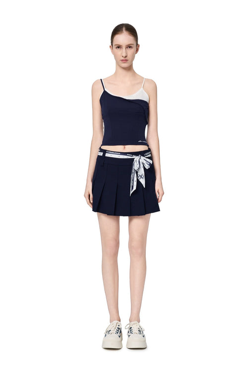 Navy Blue Satin Knit Faux Two-piece Camisole - ANN ANDELMAN