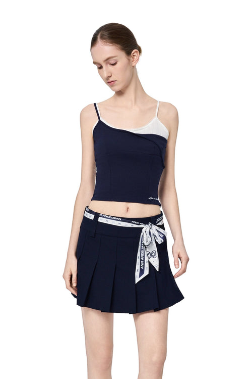 Navy Blue Satin Knit Faux Two-piece Camisole - ANN ANDELMAN