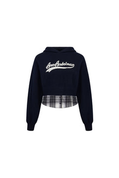 Navy Blue Short Faux Two - piece Knit Hooded Sweatshirt - ANN ANDELMAN