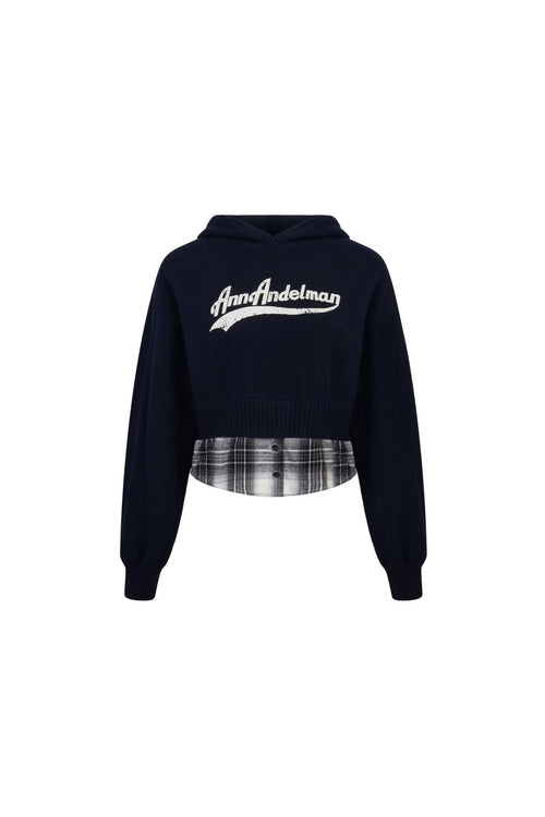 Navy Blue Short Faux Two - piece Knit Hooded Sweatshirt - ANN ANDELMAN