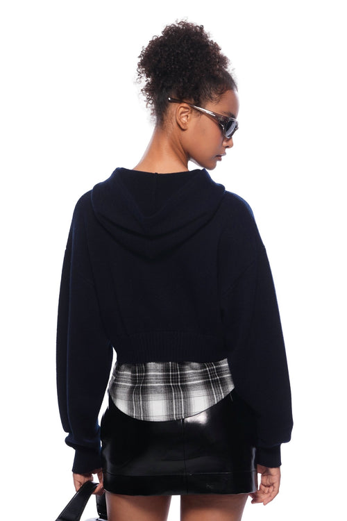 Navy Blue Short Faux Two - piece Knit Hooded Sweatshirt - ANN ANDELMAN