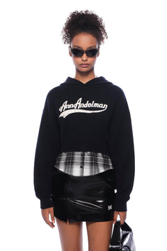 Navy Blue Short Faux Two - piece Knit Hooded Sweatshirt - ANN ANDELMAN