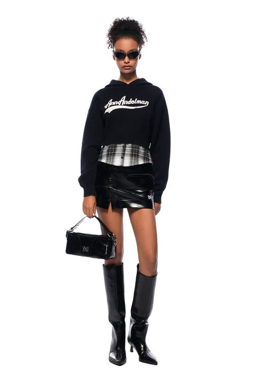 Navy Blue Short Faux Two - piece Knit Hooded Sweatshirt - ANN ANDELMAN