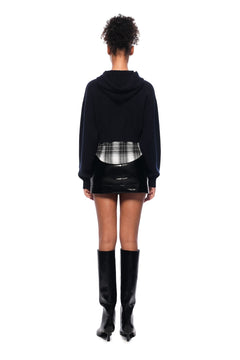 Navy Blue Short Faux Two - piece Knit Hooded Sweatshirt - ANN ANDELMAN