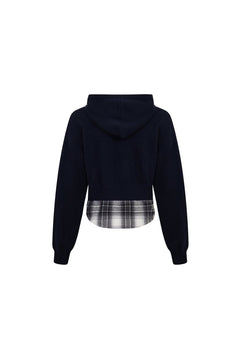 Navy Blue Short Faux Two - piece Knit Hooded Sweatshirt - ANN ANDELMAN