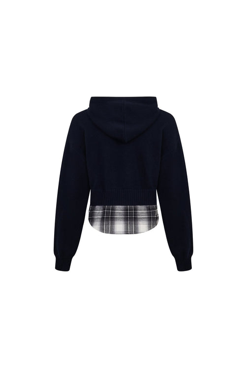 Navy Blue Short Faux Two - piece Knit Hooded Sweatshirt - ANN ANDELMAN