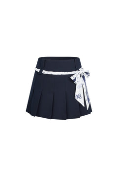 Navy Blue Silk Scarf Tie - up Pleated Skirt - ANN ANDELMAN