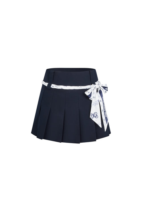 Navy Blue Silk Scarf Tie - up Pleated Skirt - ANN ANDELMAN