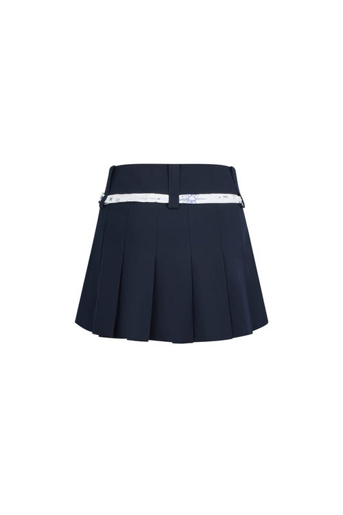 Navy Blue Silk Scarf Tie - up Pleated Skirt - ANN ANDELMAN