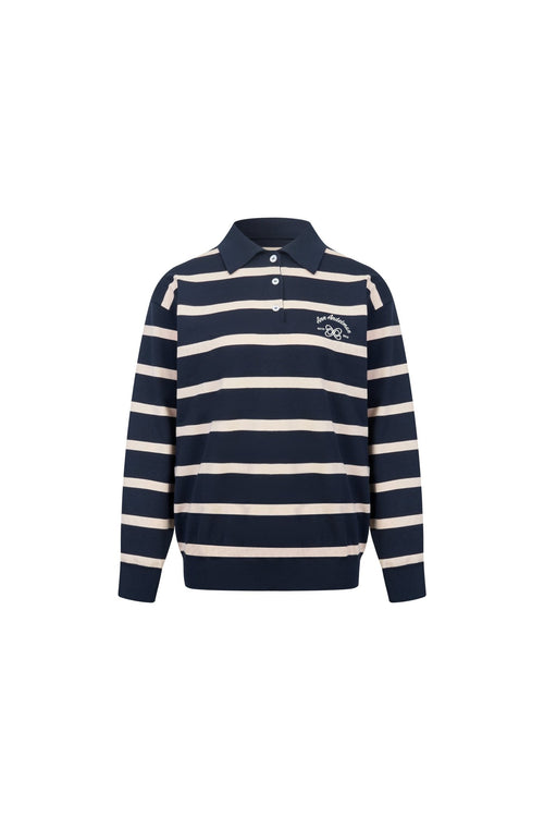 Navy Blue Striped Long - sleeved Polo Shirt - ANN ANDELMAN